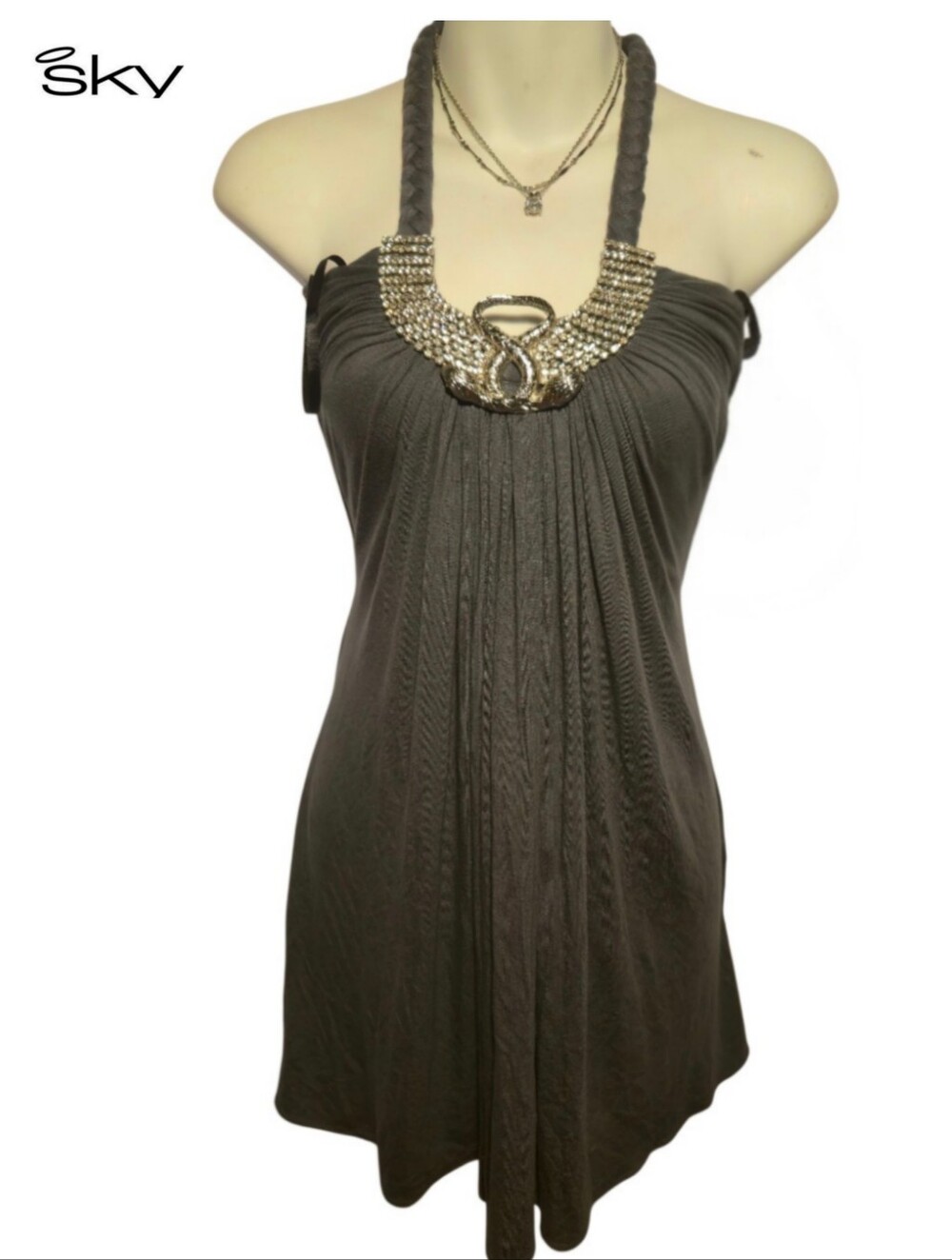 Sky halter top mini dress featuring a silver embellished beaded neckline.